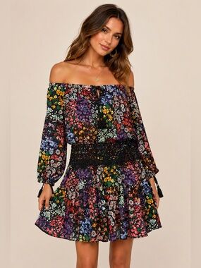 Aijek Off Shoulder Floral Boho Mini Dress Crochet Waist Size 3 / US SIze 10-12